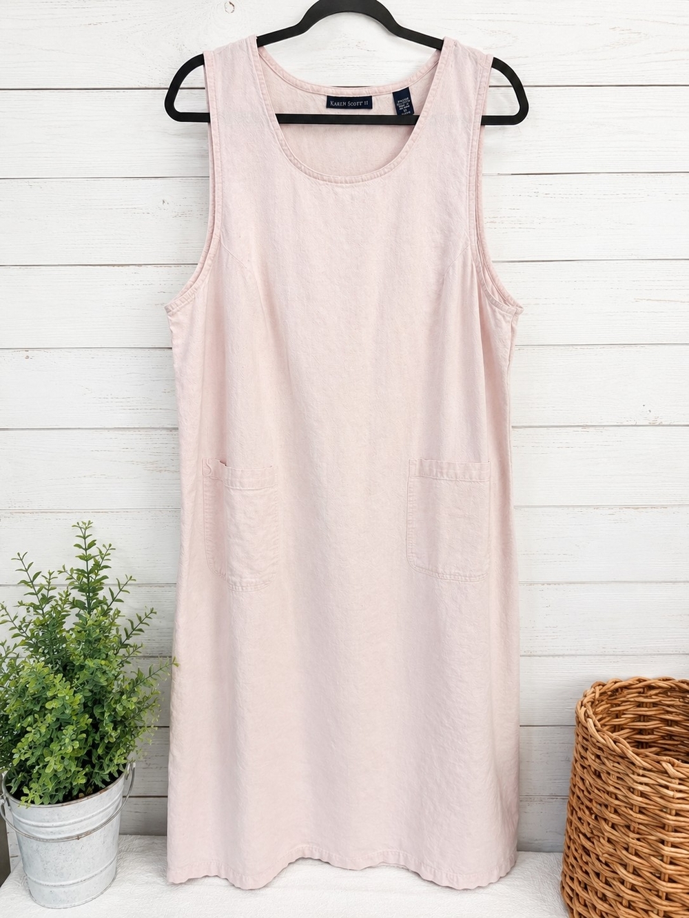 Karen Scott Blush Pink Sleeveless Linen Blend Shift Dress Patch Pockets Size 1X